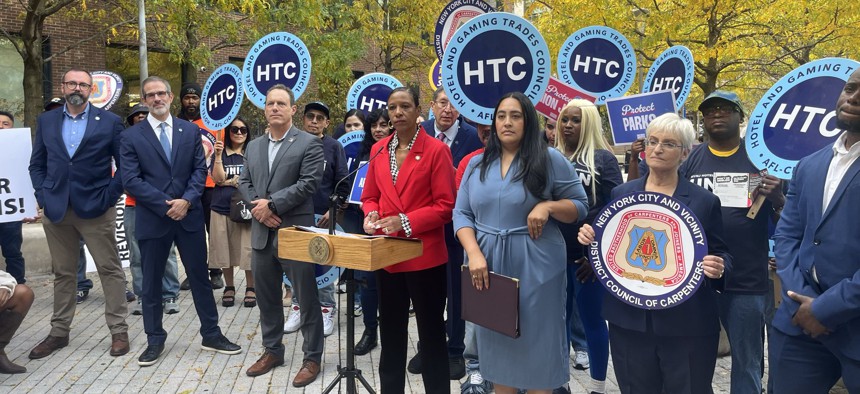 Council Speaker Adrienne Adams joined leaders from 32BJ SEIU and the Hotel and Gaming Trades Council to voice opposition against Eric Adams’ charter revision commission ballot proposals.