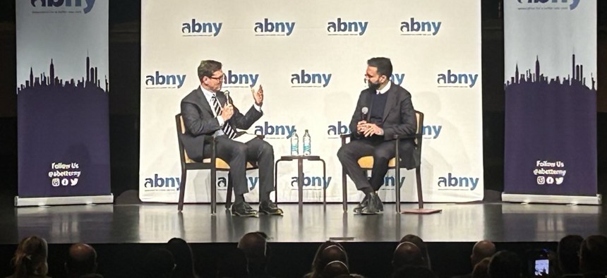 New York City Democratic mayoral nominee Zohran Mamdani spoke at the Association for A Better New York’s forum Thursday, which was moderated by Steve Rubenstein, the organization’s board chair.