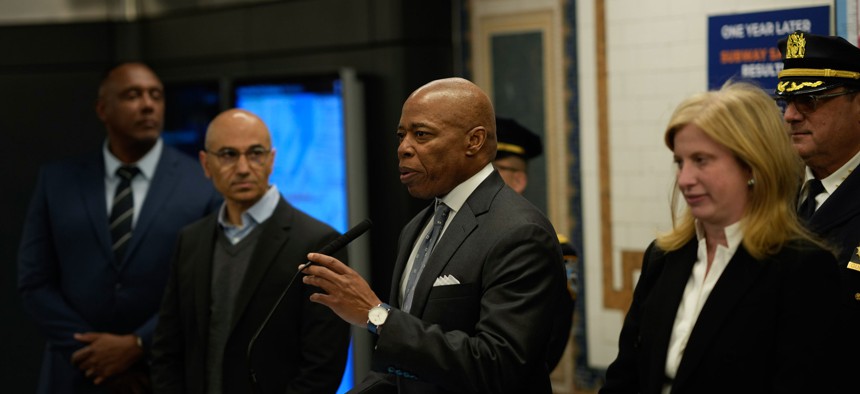 New York City Mayor Eric Adams convened reporters in Times Square on Friday.