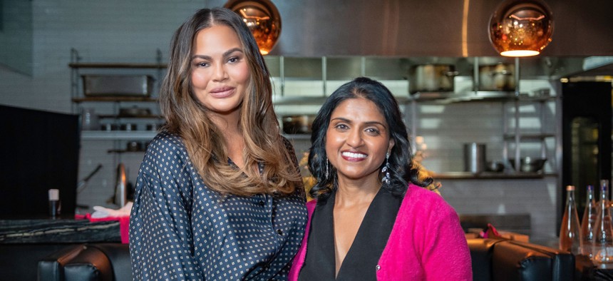 Model Chrissy Teigen and One Fair Wage President Saru Jayaraman