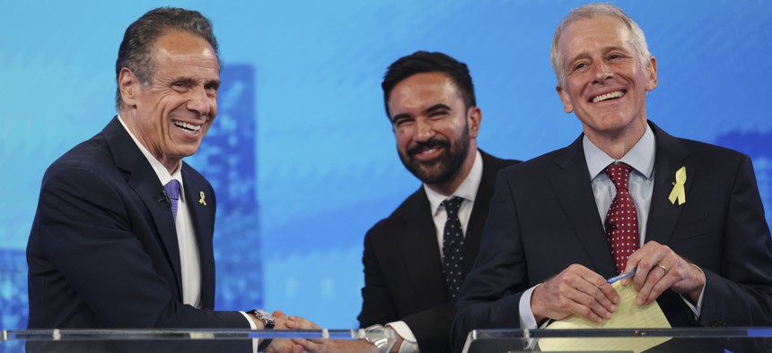 Andrew Cuomo and Zohran Mamdani greet one another at the June 4 primary debate.