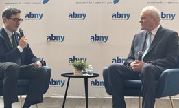 ABNY’s Steven Rubenstein, left, interviewed mayoral candidate Curtis Sliwa, right.