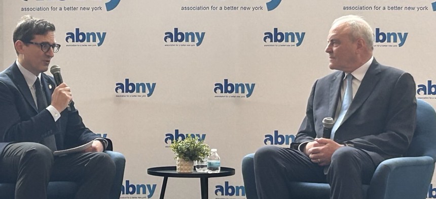 ABNY’s Steven Rubenstein, left, interviewed mayoral candidate Curtis Sliwa, right.