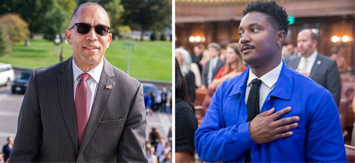 House Minority Leader Hakeem Jeffries, left, could face a primary challenge from New York City Council Member Chi Ossé, right, next year.