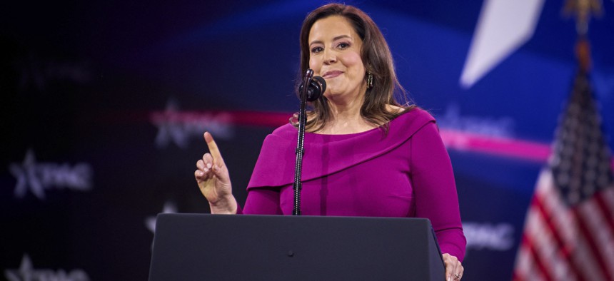 Rep. Elise Stefanik speaks at CPAC on Feb. 22, 2025.