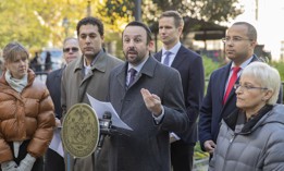 New York City Council Member Keith Powers speaks at a press conference.