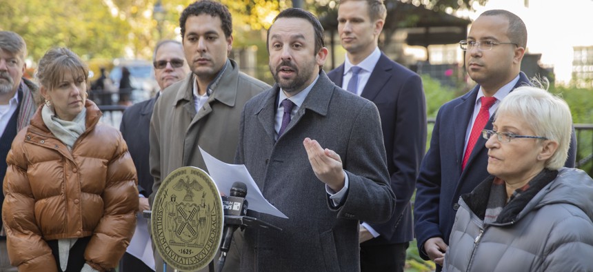 New York City Council Member Keith Powers speaks at a press conference.