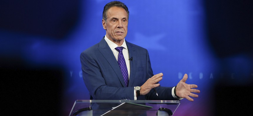 Former Gov. Andrew Cuomo speaks during the first general election mayoral debate on Oct. 16, 2025.