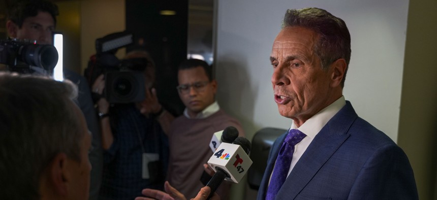Former Gov. Andrew Cuomo speaks with reporters after the first mayoral debate of the general election on Oct. 16.