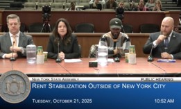 Syracuse City Auditor Alex Marion, Kingston Alderwoman Michele Hirsch, Hudson Mayor Kamal Joseph and Poughkeepsie Common Councilor Evan Menist testify at an Assembly Housing Committee hearing on Oct. 21, 2025.