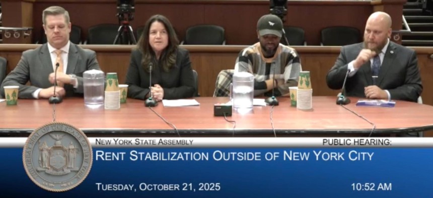 Syracuse City Auditor Alex Marion, Kingston Alderwoman Michele Hirsch, Hudson Mayor Kamal Joseph and Poughkeepsie Common Councilor Evan Menist testify at an Assembly Housing Committee hearing on Oct. 21, 2025.