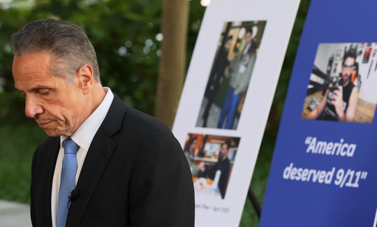 Former Gov. Andrew Cuomo speaks at a press conference on Sept. 9, 2025 to criticize Zohran Mamdani for appearing with streamer Hasan Piker, who once said “America deserved 9/11.”