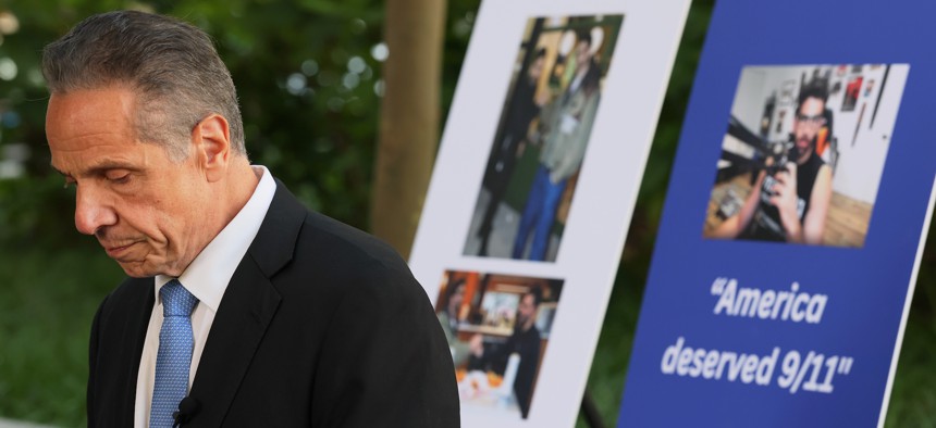 Former Gov. Andrew Cuomo speaks at a press conference on Sept. 9, 2025 to criticize Zohran Mamdani for appearing with streamer Hasan Piker, who once said “America deserved 9/11.”