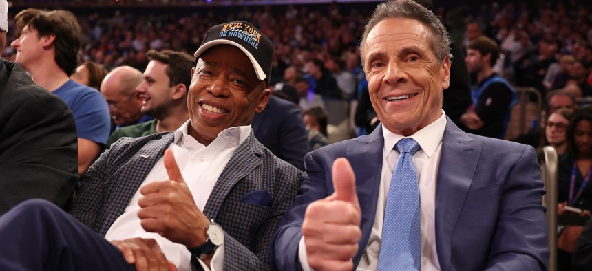 Mayor Eric Adams and former Gov. Andrew Cuomo attend a Knicks game together on Oct. 22, 2025.
