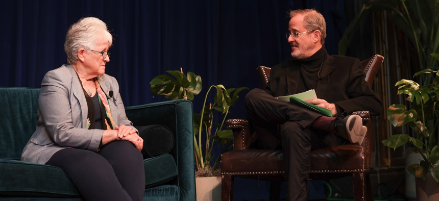 Dr. Ann Marie Sullivan, commissioner of the state Office of Mental Health, left, discusses her agency’s work with City & State Publisher Tom Allon at City & State’s Mother Cabrini Mental Health Summit on Oct. 22 at Sony Hall in Manhattan’s Times Square.