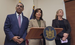 Rep. Adriano Espaillat attends a press conference with Gov. Kathy Hochul and Barbara Guinn, state Office of Temporary and Disability Assistance Commissioner Barbara Guinn on Oct. 27, 2025.