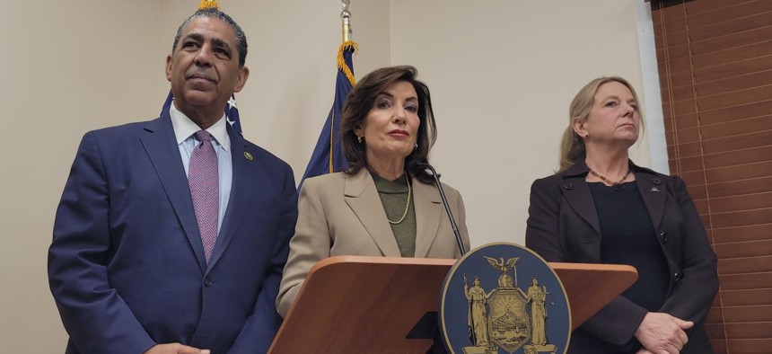 Rep. Adriano Espaillat attends a press conference with Gov. Kathy Hochul and Barbara Guinn, state Office of Temporary and Disability Assistance Commissioner Barbara Guinn on Oct. 27, 2025.