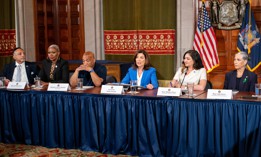 Gov. Kathy Hochul hosts Democratic Texas state lawmakers in the state Capitol on Aug. 4, 2025, to discuss Republican attempts to implement mid-decade redistricting.