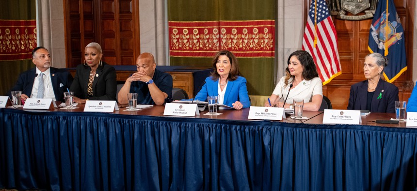 Gov. Kathy Hochul hosts Democratic Texas state lawmakers in the state Capitol on Aug. 4, 2025, to discuss Republican attempts to implement mid-decade redistricting.