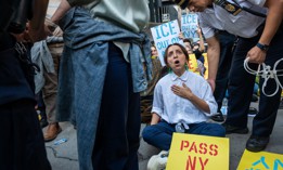 Diana Moreno participates in a sit-in outside 26 Federal Plaza to protest U.S. Immigration and Customs Enforcement.