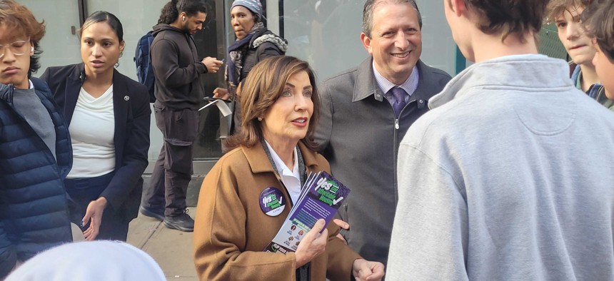 Gov. Kathy Hochul and New York City Comptroller Brad Lander encourage voters in Manhattan to vote yes on four ballot proposals related to affordable housing on Nov. 3, 2025.