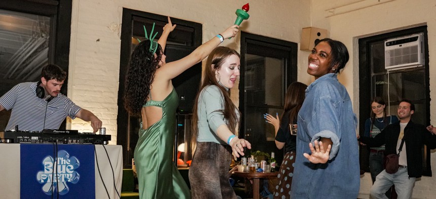 Young Democrats in New York City dance at the Blue Party on Oct. 25, 2025.