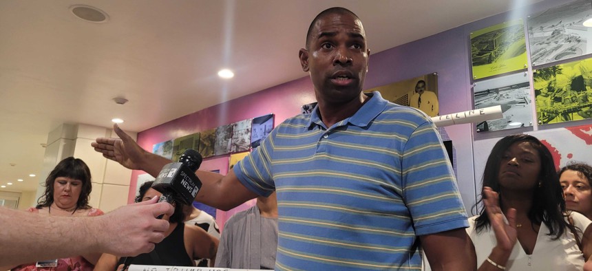 Lt. Gov. Antonio Delgado speaks at a press conference in San Juan during the Somos conference to criticize the state’s decision to approve a controversial pipeline project.