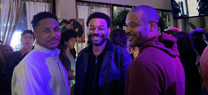 Assembly candidate Eon Huntley, center, has the support of City Council Member Chi Ossé, left, and state Sen. Jabari Brisport, right.