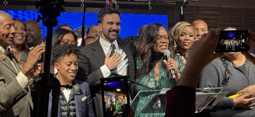 Brooklyn County boss Rodneyse Bichotte Hermelyn, with microphone, held a unity-themed gala in Red Hook on Oct. 30.