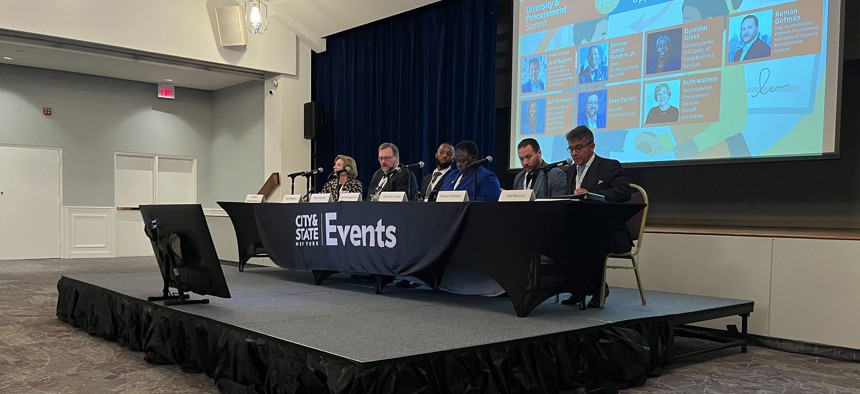 Jose Bayona of Grassroots Strategies (far right) lead panel discussion at City & State’s Diversity and Procurement Summit on Nov. 13, 2025 at 630Second in Manhattan’s Kips Bay.