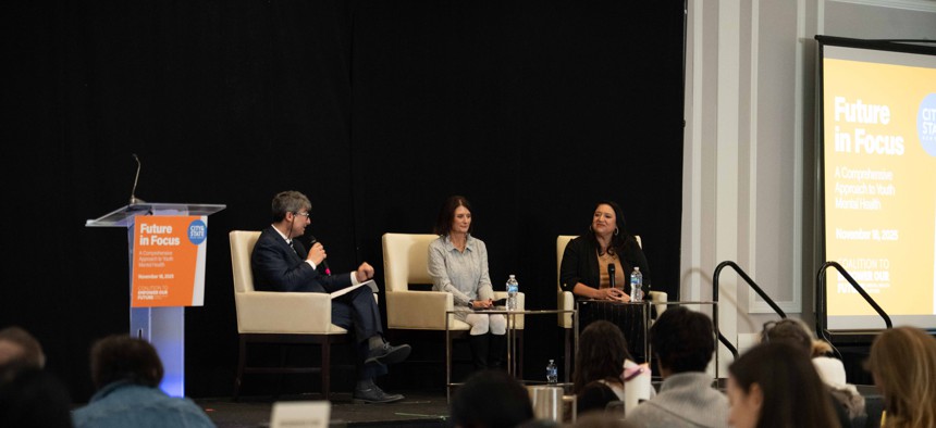 City & State Editor-in-Chief Ralph R. Ortega hosts a fireside chat, joined by January Contreras, a member of the Coalition to Empower our Future Board of Directors, and Dr. Caroline Carney, a Coalition to Empower our Future Advisory Board member, at the “Future in Focus: The need for a comprehensive approach to youth mental health” forum on Nov. 18, 2025 at the Hilton in Downtown Albany.
