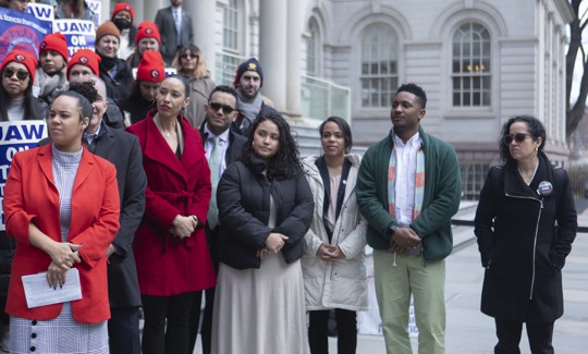New York City Council members attend a rally in support of striking legal service workers on March 19, 2024.