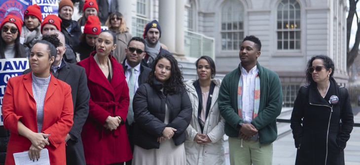 New York City Council members attend a rally in support of striking legal service workers on March 19, 2024.