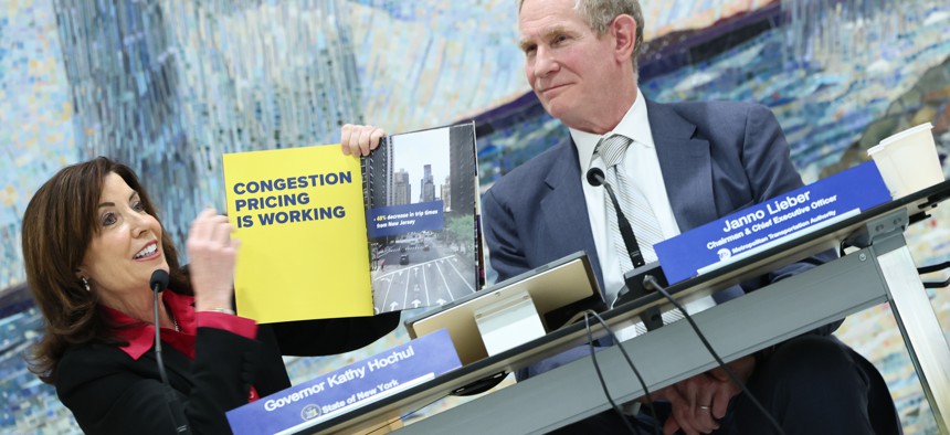 Gov. Kathy Hochul and Metropolitan Transportation Authority Chair and CEO Janno Lieber during an MTA meeting in February.