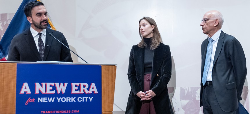 Mayor-elect Zohran Mamdani, Chief of Staff Elle Bisgaard-Church and appointed First Deputy Mayor Dean Fuleihan
