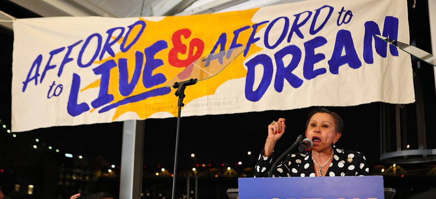 Rep. Nydia Velázquez speaks at Mayor-elect Zohran Mamdani’s primary night victory party on June 24, 2025.
