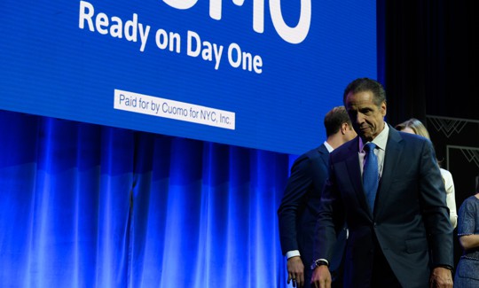 Andrew Cuomo leaves the stage after delivering a concession speech on Nov. 4, 2025.