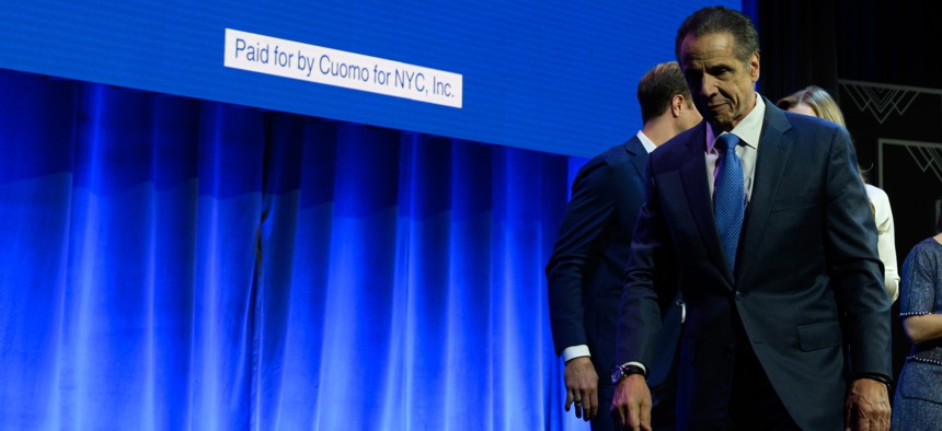 Andrew Cuomo leaves the stage after delivering a concession speech on Nov. 4, 2025.
