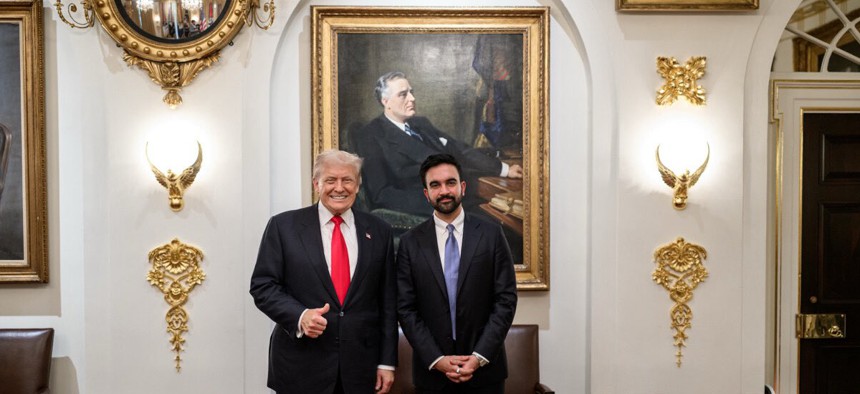 President Donald Trump and Mayor-elect Zohran Mamdani pose in front of a portrait of former President Franklin Roosevelt at the White House on Nov. 21, 2025.