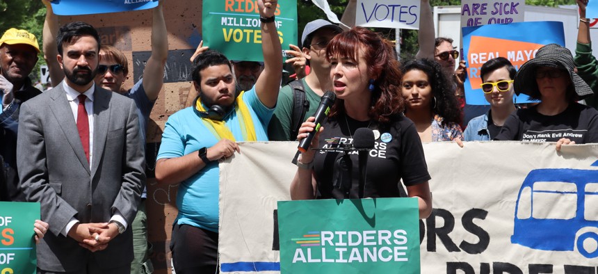 Riders Alliance Executive Director Betsy Plum speaks at a rally for better bus service on May 18, 2025.