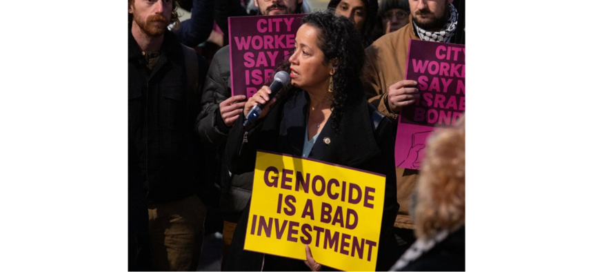 New York City Council Member Alexa Avilés speaks at a demonstration against investments in Israeli government bonds.