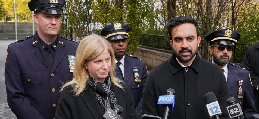 Mayor-elect Zohran Mamdani and NYPD Commissioner Jessica Tisch speak with reporters after visiting the New York City Police Memorial on Nov. 19, 2025.