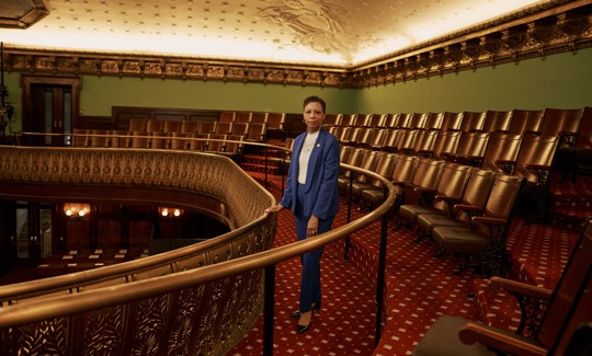 New York City Council Speaker Adrienne Adams poses for a photo shoot in the council chamber.