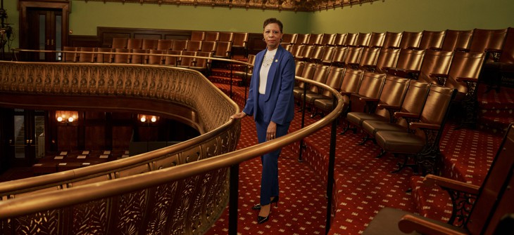 New York City Council Speaker Adrienne Adams poses for a photo shoot in the council chamber.