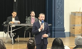 Keith Powers addresses Manhattan County Democratic Committee members.