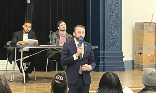 Keith Powers addresses Manhattan County Democratic Committee members.