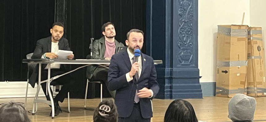 Keith Powers addresses Manhattan County Democratic Committee members.