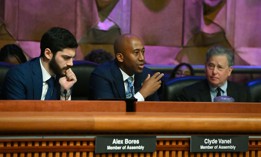 Assembly Members Alex Bores, Clyde Vanel and Steven Otis question witnesses during an Assembly hearing on artificial intelligence on Sept. 20, 2024.