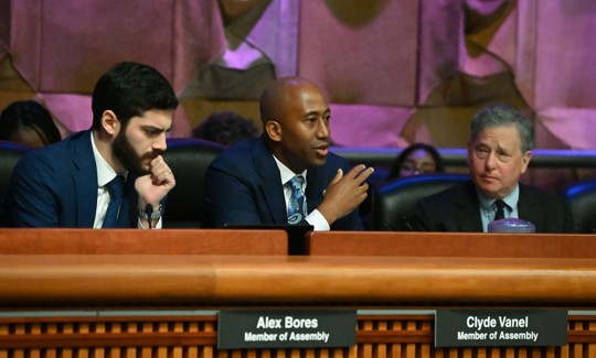 Assembly Members Alex Bores, Clyde Vanel and Steven Otis question witnesses during an Assembly hearing on artificial intelligence on Sept. 20, 2024.