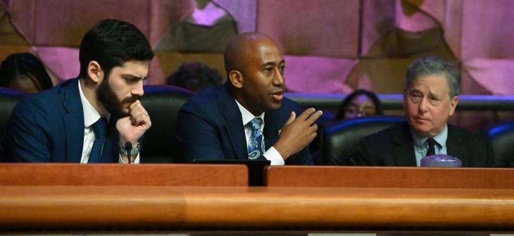 Assembly Members Alex Bores, Clyde Vanel and Steven Otis question witnesses during an Assembly hearing on artificial intelligence on Sept. 20, 2024.